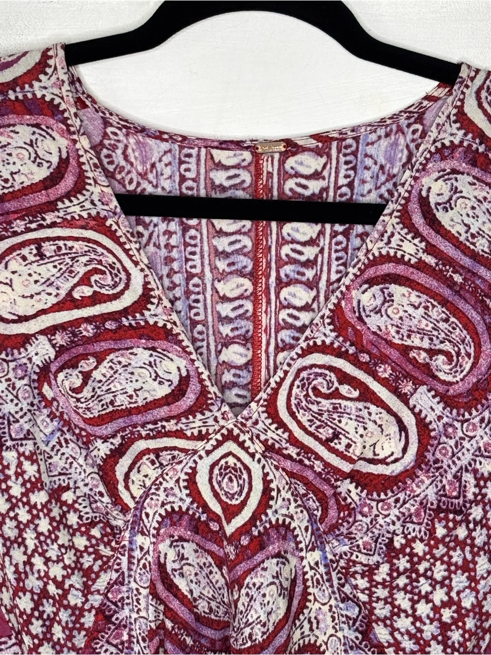 Free People Paisley Boho Deep V Smocked Top S/M Long Sleeve